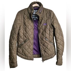 SuperDry Women’s Olive Green Diamond Quilted Jacket Purple Trim Size Medium